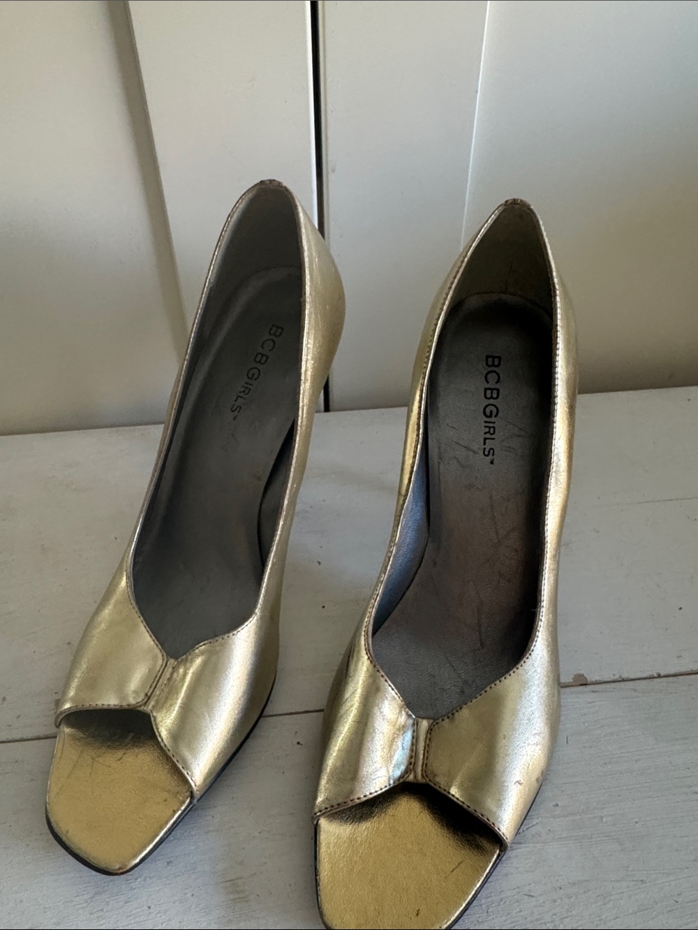 BCBGirls Gold Open-Toe Metallic Pumps